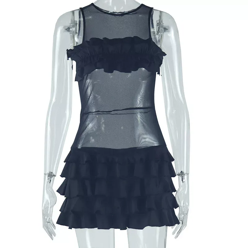 Womens Casual Solid Color Dress Sexy Round Neck Pleated Hem Flared Skirt Fashionable for Parties