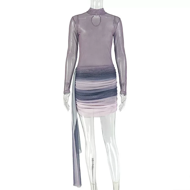 Gradient Color Block Bodycon Dress Breathable Fabric Long Sleeves Stand Collar Casual or Evening