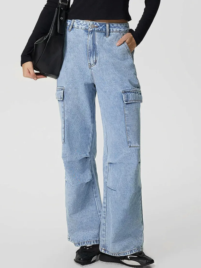 Womens Casual High Waisted Denim Trousers Slim Fit Large Pockets European and American Style Per