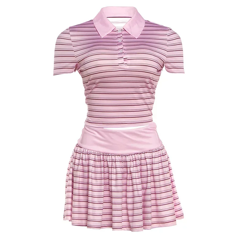 Striped Button Up T Shirt and Low Waist Ruffled Skirt Set for Women Summer Casual Wear Available in Pink and Apricot