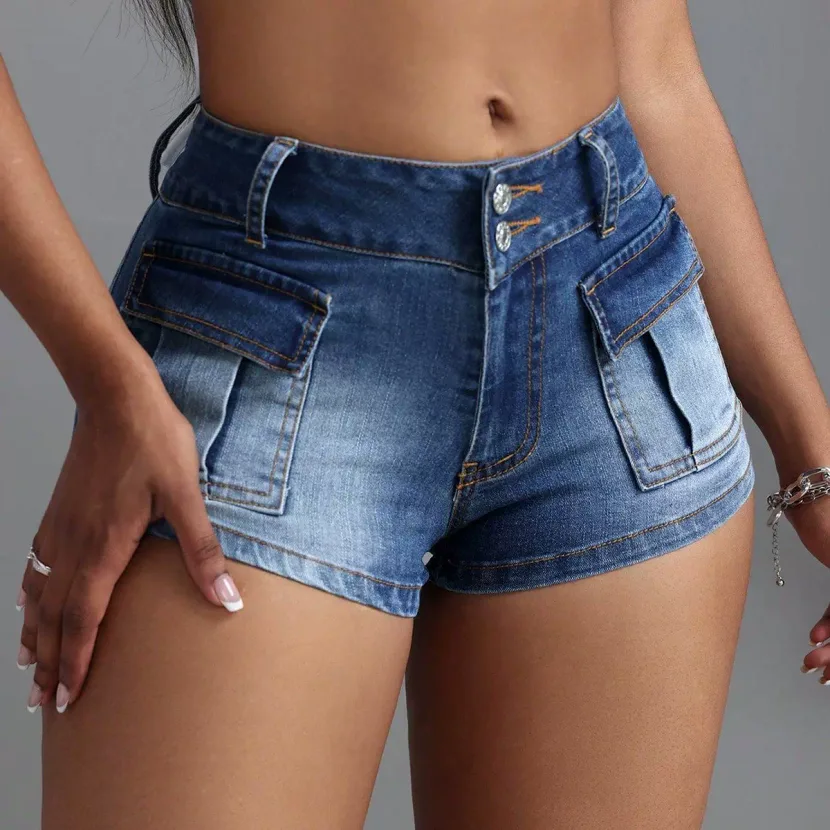 Fashionable Womens Denim Shorts High Waist Large Pockets Stretchy Fabric Casual Summer Wear Whol