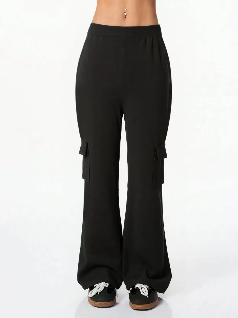 Womens Black Flared Trousers Elastic Waist Side Pockets Casual Style Perfect for Spring and Autu