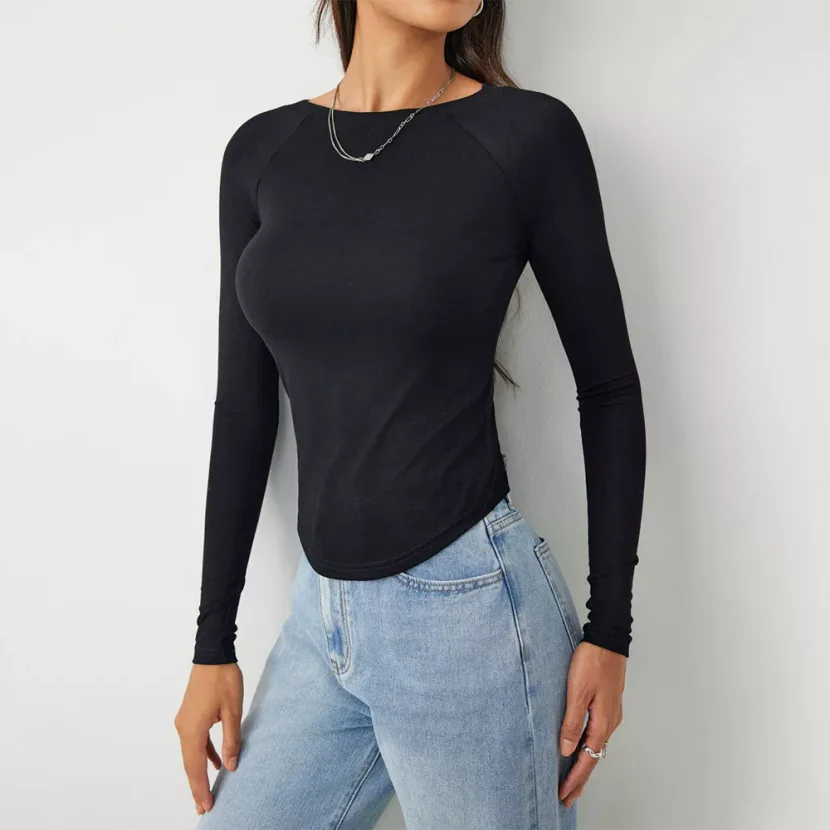 Womens Slim Fit High Stretch Knit Long Sleeve T Shirt Casual Fashion Spring Summer Collection Wh
