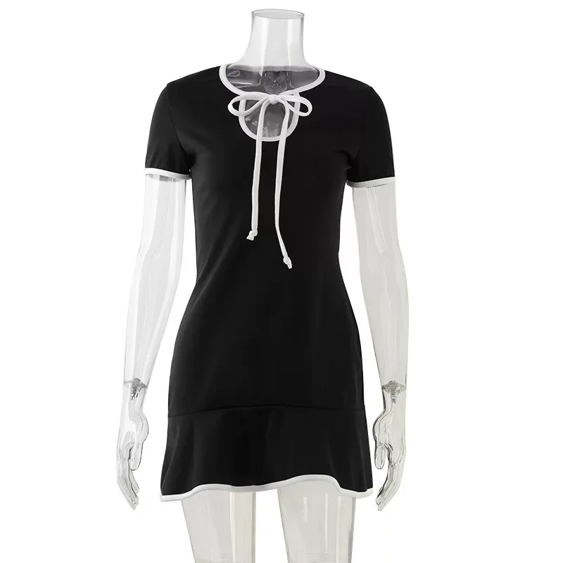 Fashion Womens Dress Round Neck Short Sleeve Color Block Slim Fit Ruffled Hem Casual Summer Wear