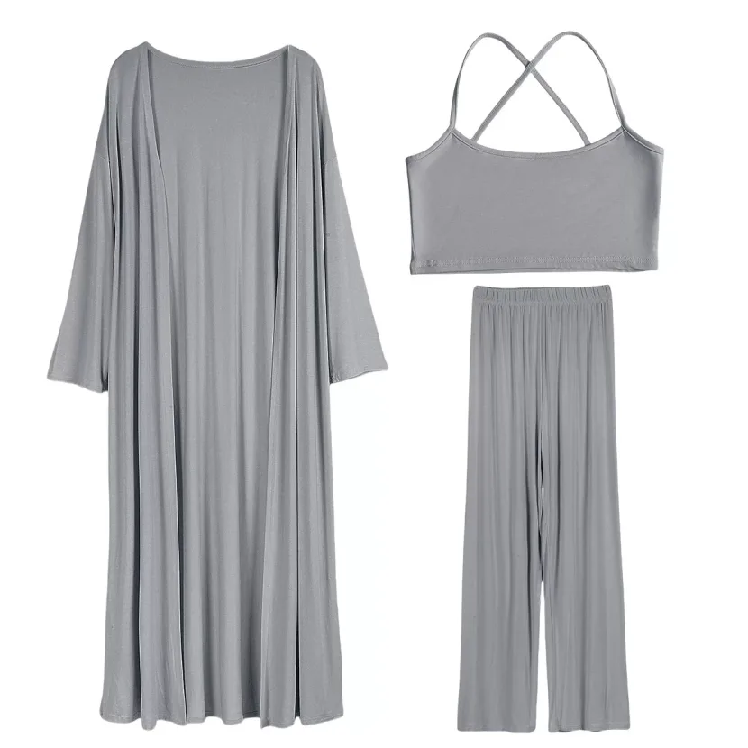 Casual Loose Long Cardigan Set Includes Crop Skirt Cami Top and Pants Perfect for Spring Summer