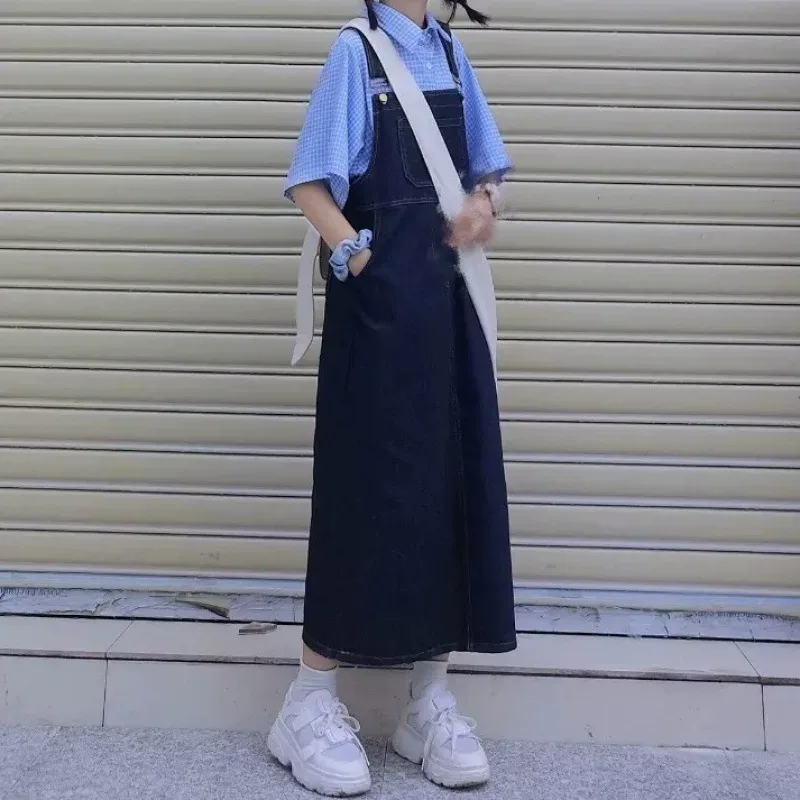 牛仔背带裙韩版宽松女跨境中长款春秋款百搭纯色春夏牛仔连衣裙子