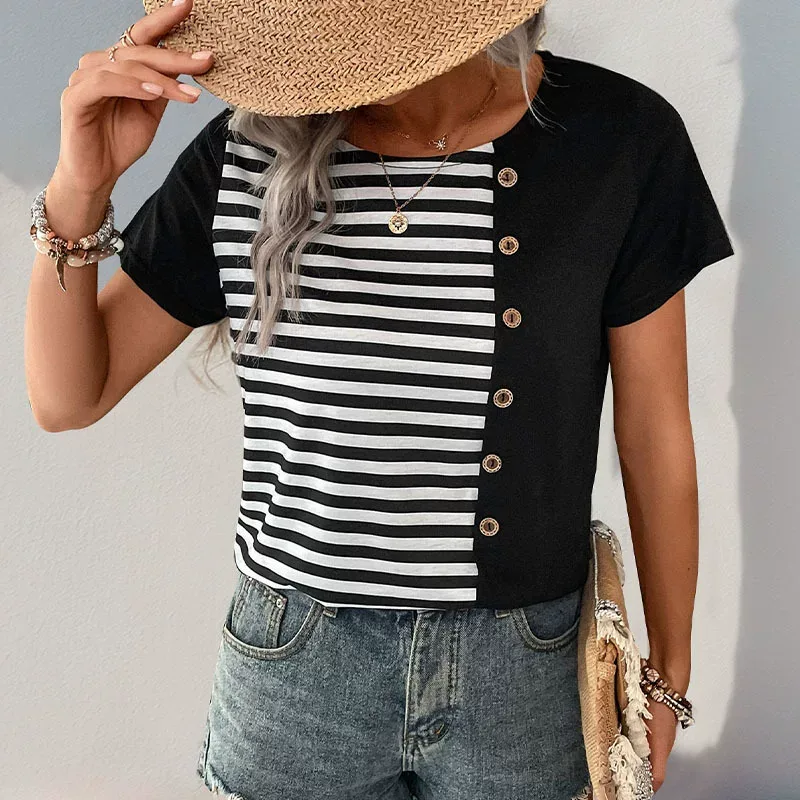 Summer Womens Striped Color Block T Shirt Short Sleeve Casual Style Lightweight Fabric Wholesale
