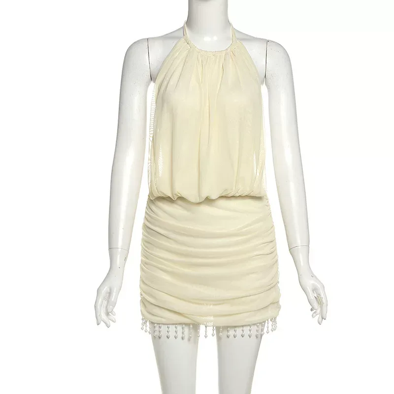 Summer Womens Bodycon Dress Sleeveless Halter Neck Fringe Detail Color Block Casual Party Wear W