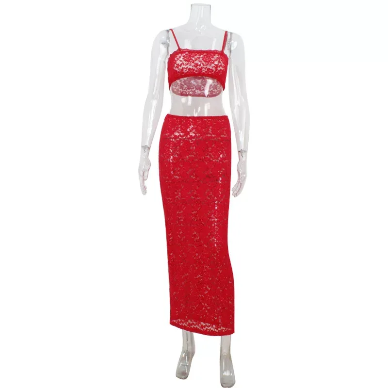 Red Lace Sheer Two Piece Set Strapless Crop Top Bodycon Skirt Sexy Night Out or Party Wear Whole