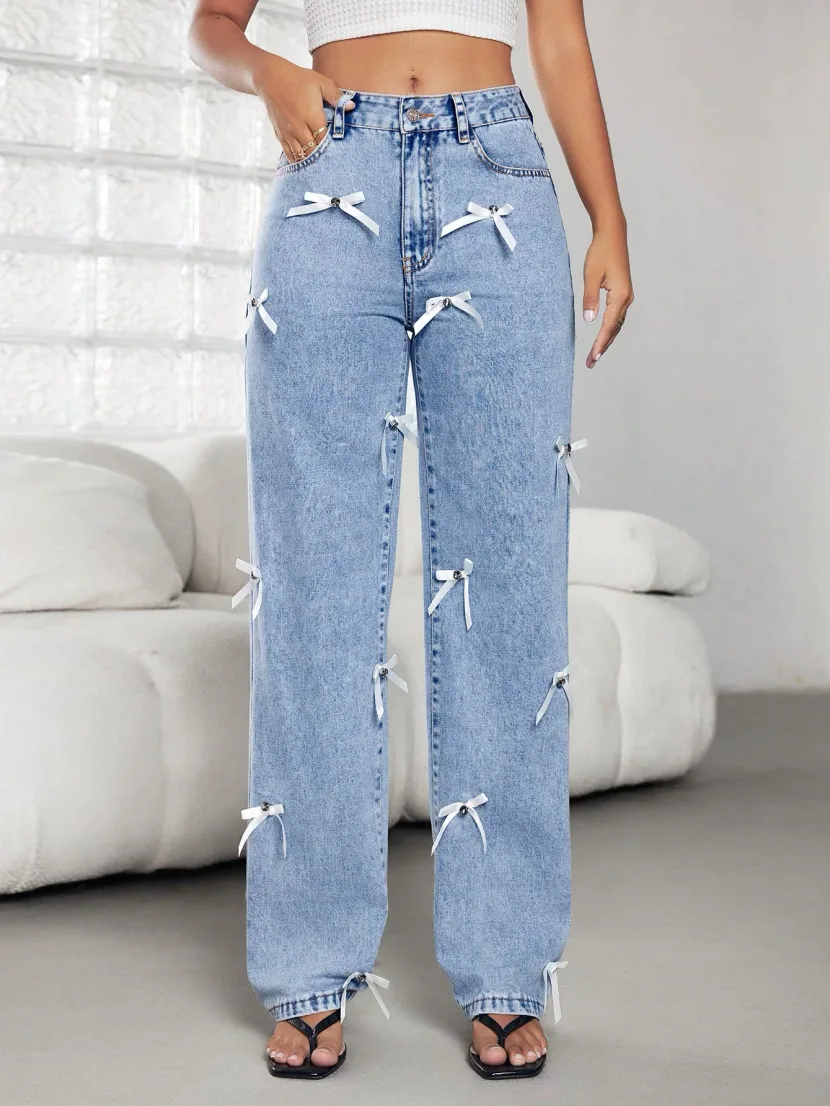 Fashion Womens Wide Leg Denim Trousers Bow Tie Detail All Seasons Trendy Style Wholesale Availab