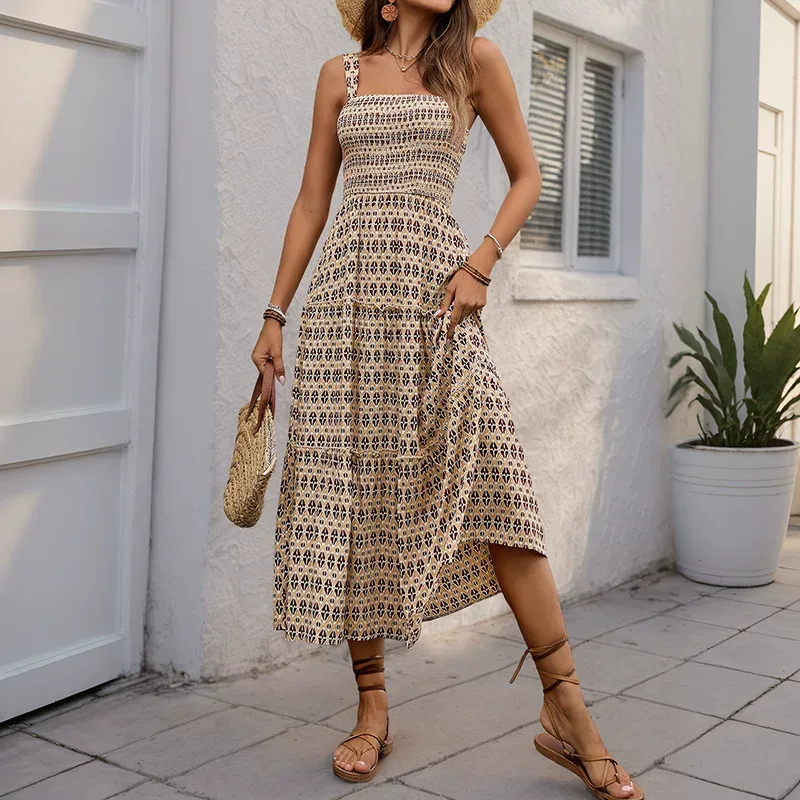 Elegant Summer A Line Dress Vintage Geometric Print Sleeveless Lightweight Fabric Perfect for Ca