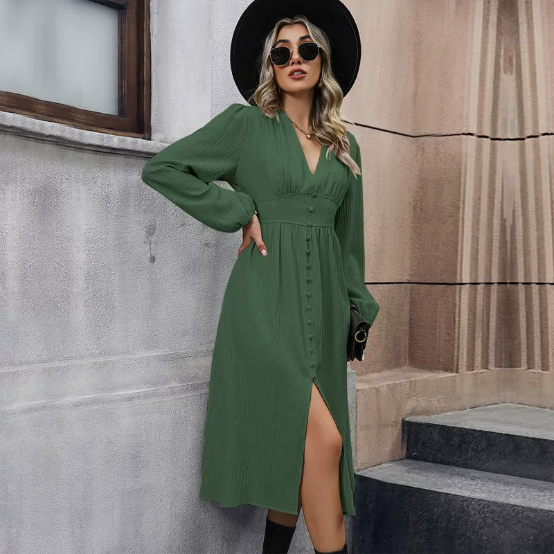 Fashionable Womens Solid Color Long Sleeve Split Dress Elegant Design Versatile for Spring and A