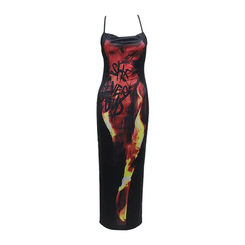 Flame Print Sexy Slip Dress Backless High Slit Sleeveless Summer Party Wear Wholesale Available