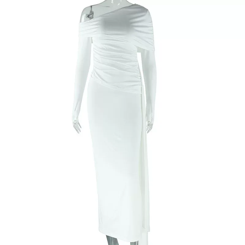 Fashionable Solid Color Asymmetrical Dress One Shoulder Long Sleeve Casual Style Wholesale Avail