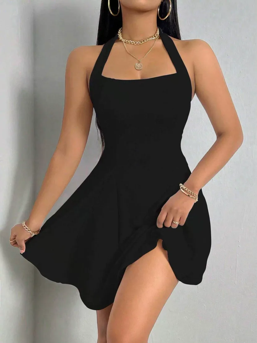 Y2K Style Womens A Line Mini Dress Halter Neck Backless Waist Cinching Flared Skirt Perfect for