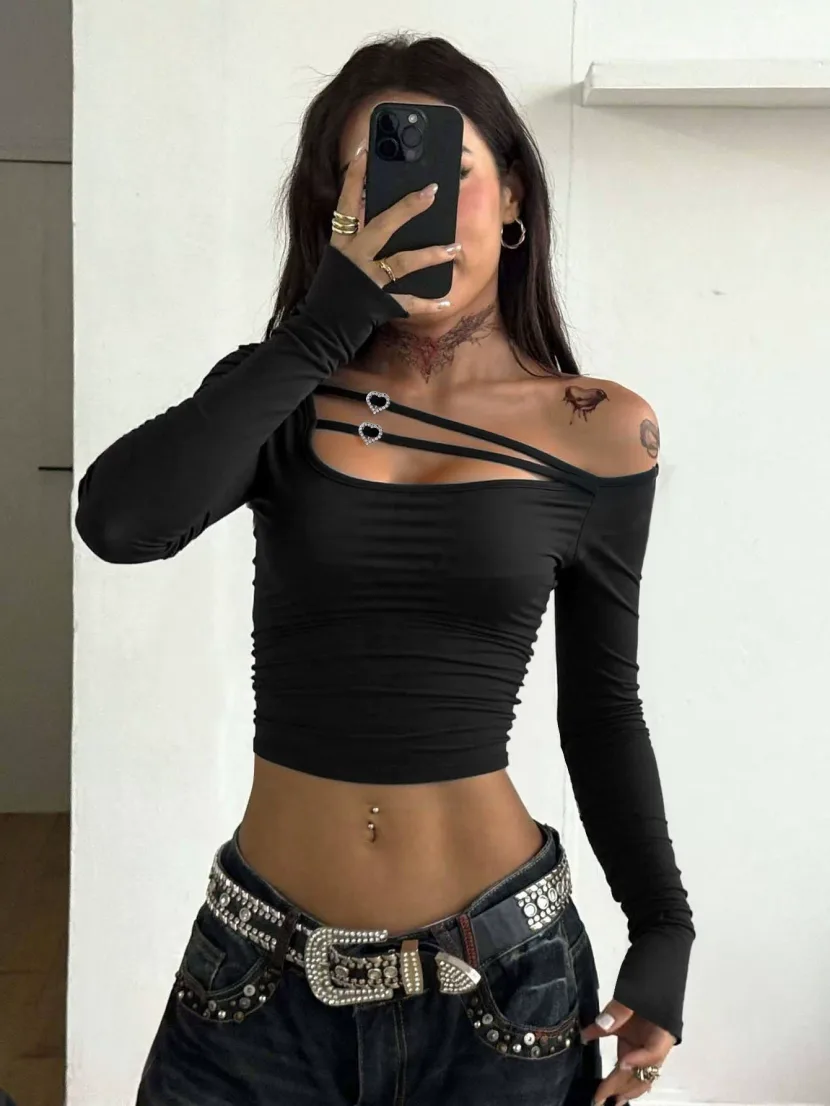 Black Sexy Off Shoulder Crop Top Hollow Cross Strap Design Trendy for Parties or Night Out Whole