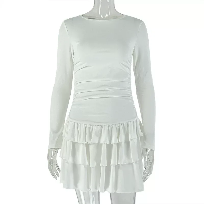 Elegant Womens Pleated Dress Solid Color Slim Fit Long Sleeve Round Neck Chic Casual Wear for Sp