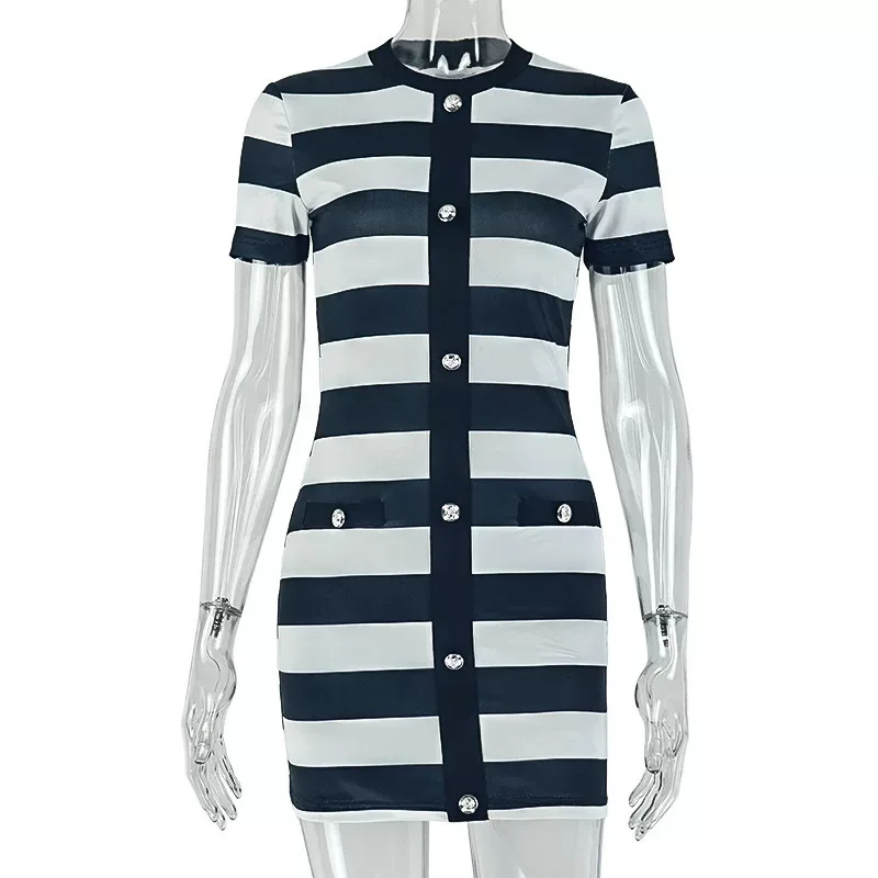 Black and White Striped Print Bodycon Dress Short Sleeve Round Neck Slim Fit Casual Chic for Sum