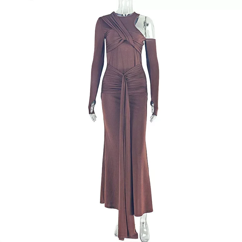 One Shoulder Long Sleeve Bodycon Dress Hollow Out Round Neck Solid Color Tie Detail Elegant Even