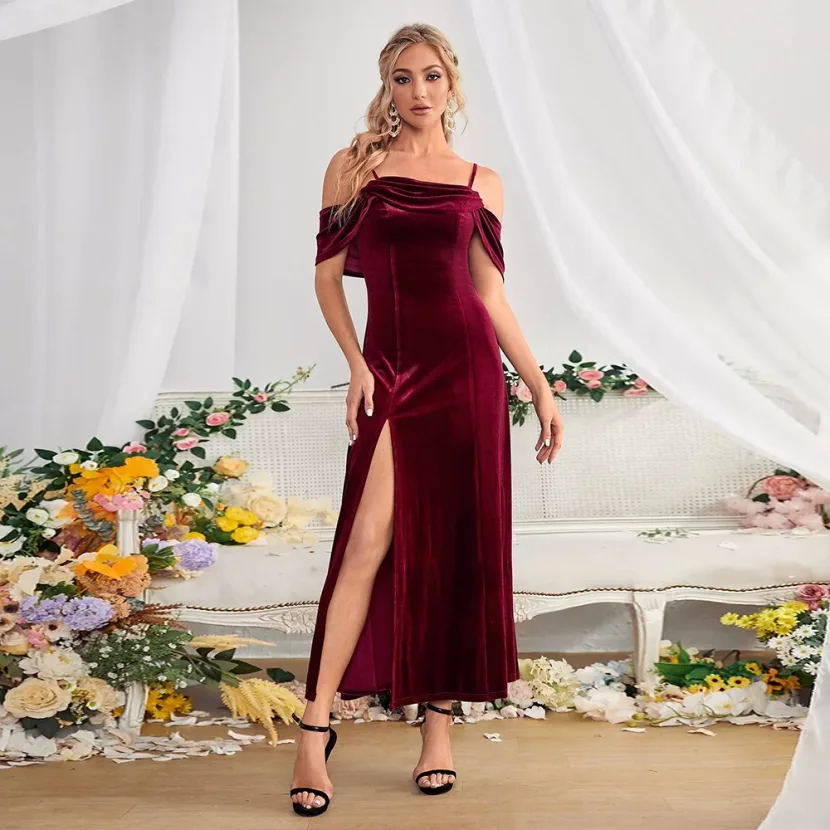 Velvet Long Dress Off Shoulder High Slit Elegant Versatile Evening Wear for Women Wholesale Avai