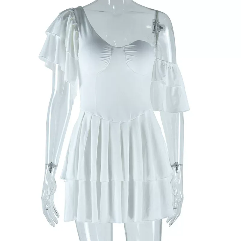European Style Asymmetrical Ruffled Neck Short Sleeve Dress Solid Color Pleated Design Cake Hem