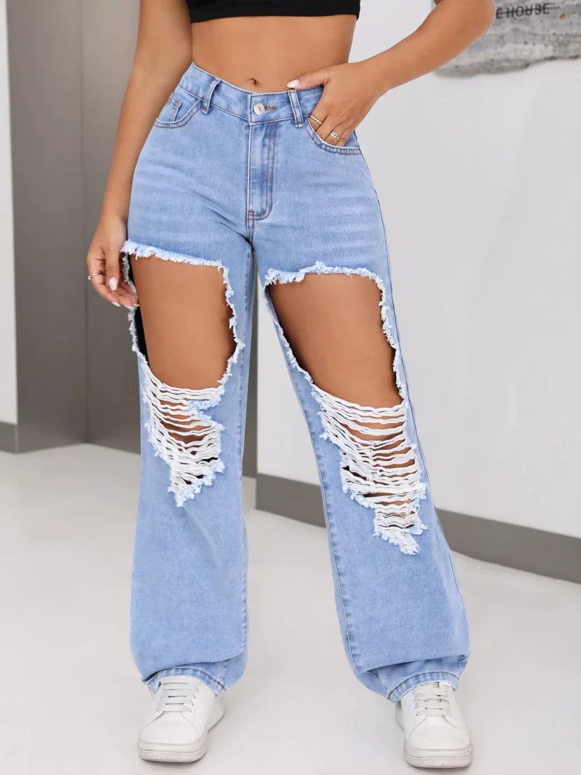 Fashionable Womens Distressed Wide Leg Straight Leg Jeans Casual Style Trendy Design Comfortable