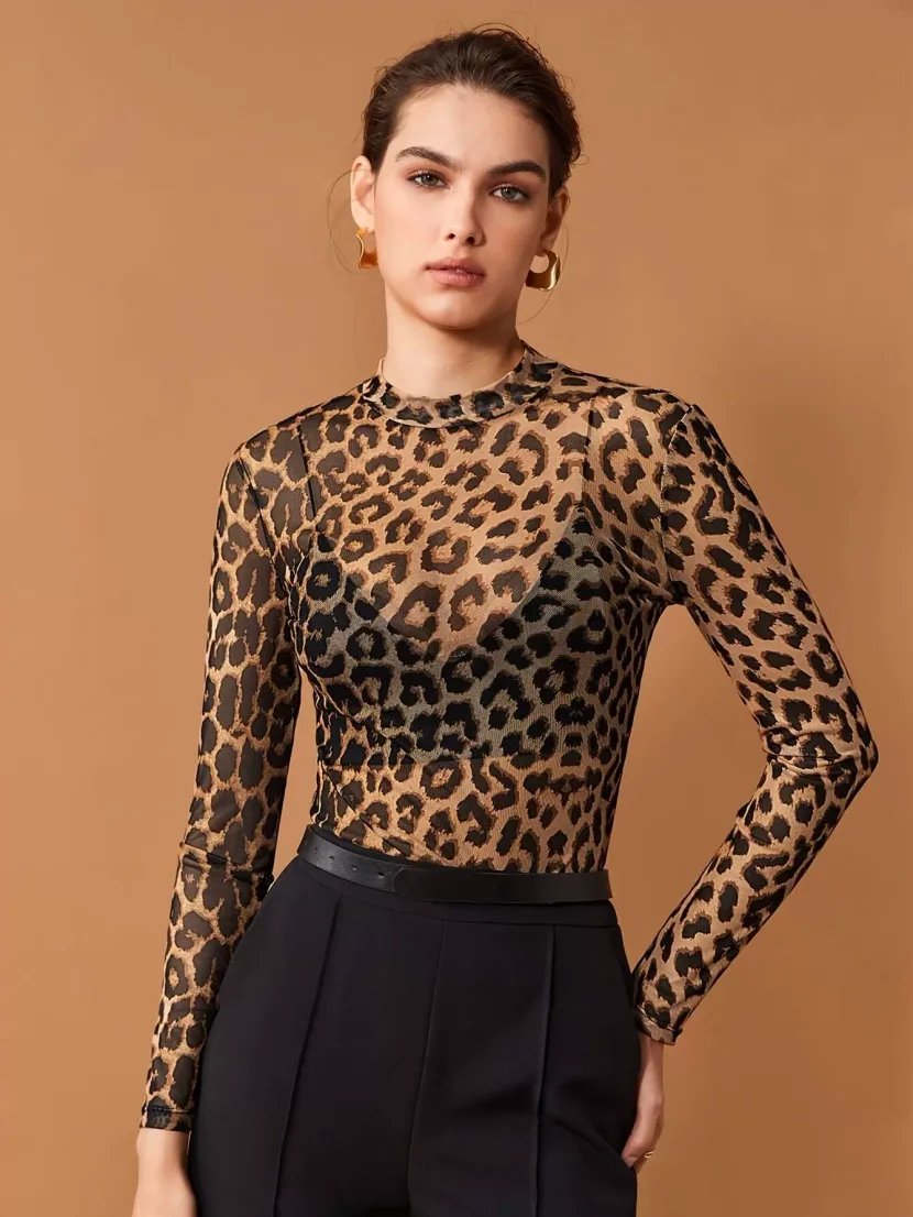 Womens Sheer Long Sleeve T Shirt Leopard Print Round Neck Lightweight Fabric Summer Fashion Whol