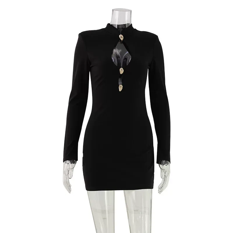 Sexy Womens Bodycon Dress Round Neck Long Sleeve Hollow Chest Design Stylish Metallic Accents Hi