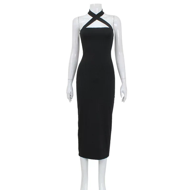 Bodycon Maxi Dress Sexy Cross Back Design Solid Color Elegant Fit Perfect for Parties and Evenin