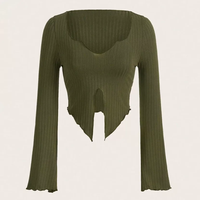 Asymmetrical Hem Long Sleeve T Shirt Slim Fit V Neck Flare Sleeves Spring Summer Womens Fashion