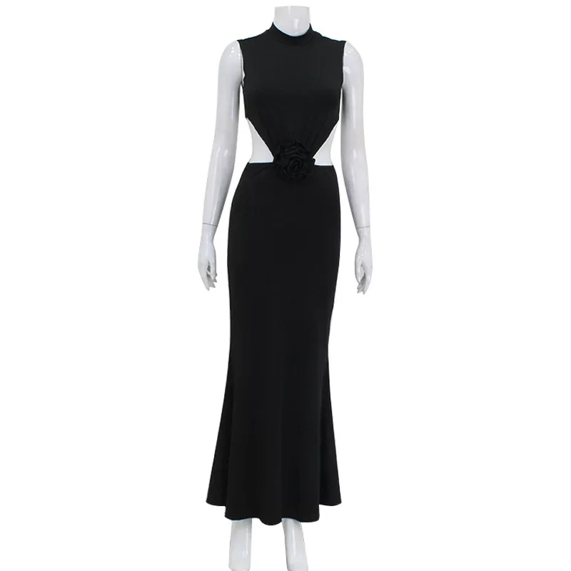 Sleeveless High Neck Dress Solid Color Hollow Out Backless Elegant Design Evening Wear Red Carpe