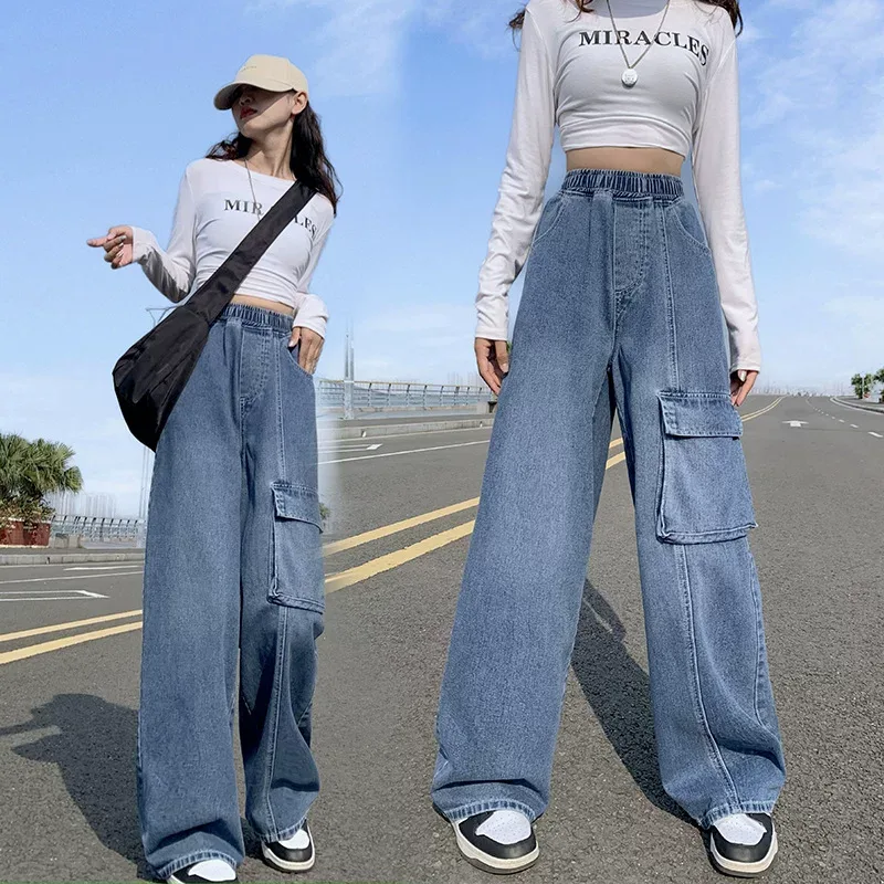 欧洲站2023春秋高腰直筒阔腿工装牛仔裤女百搭显瘦大码宽松直筒裤