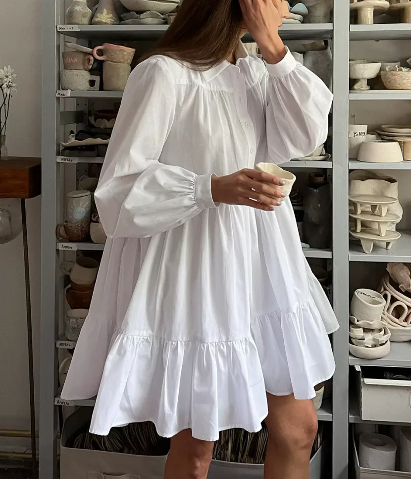 White Shirt Dress Spring Collection Minimalist Design Cotton Fabric Perfect for Office Wear Whol