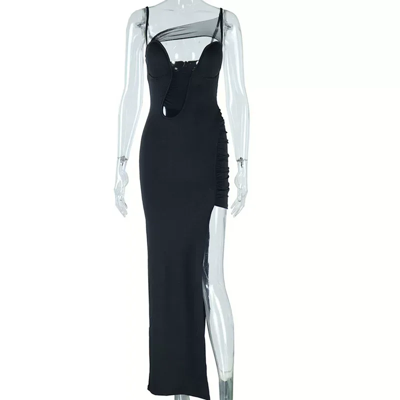Sleeveless Mesh Panel Midi Dress Solid Color Hollow Out Side Slit Bodycon Fit Evening Wear Party