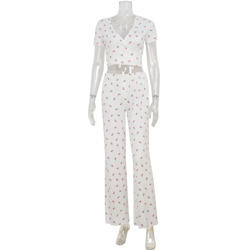 Womens Summer Floral Print Knit Short Sleeve Loungewear Set Slim Fit Stylish Comfortable Perfect