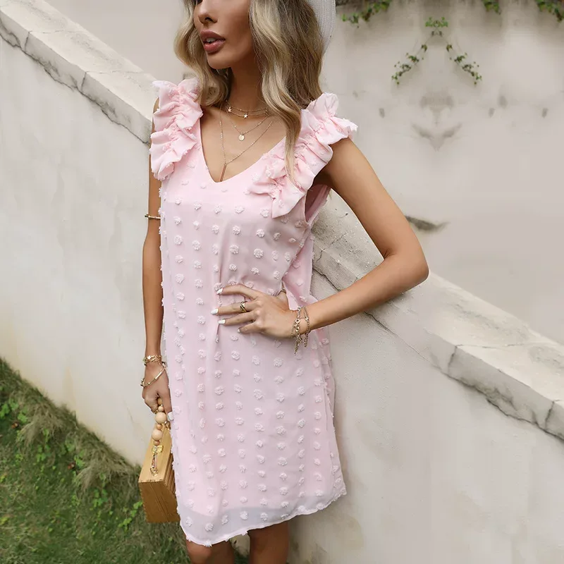 Loose Fit V Neck Chiffon Dress Solid Color Summer Style Perfect for Valentines Day Wholesale Ava