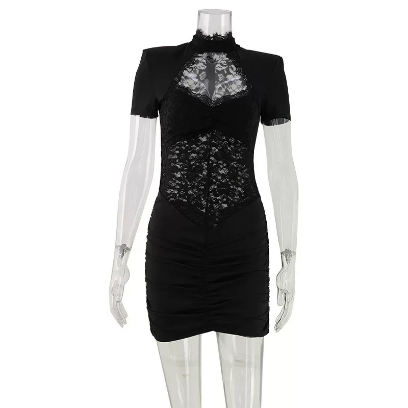 French Style Womens Lace Trimmed Bodycon Dress Short Sleeve Pleated Design Elegant Fit Perfect f