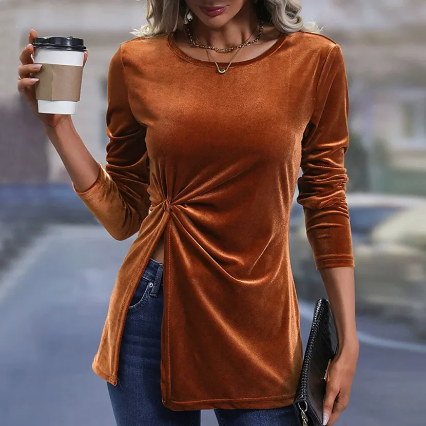 Long Sleeve Velvet T Shirt Irregular Split Hem Elegant Sexy Autumn Winter Womens Fashion Wholesa