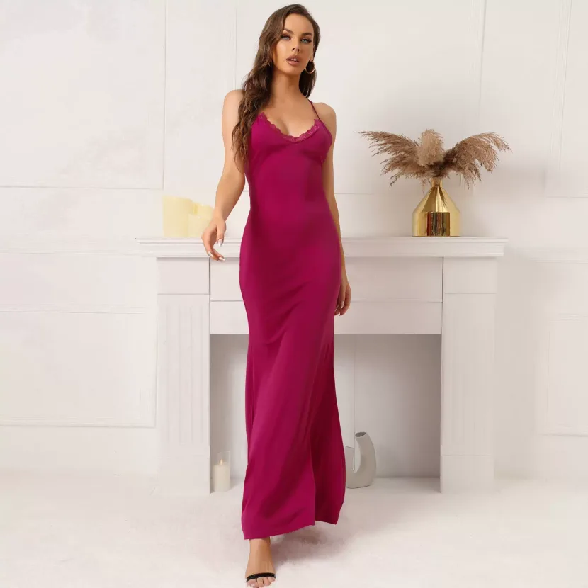 Lace Trimmed Backless Maxi Dress Elegant Sleeveless Design Sexy Fit Perfect for Evening Parties