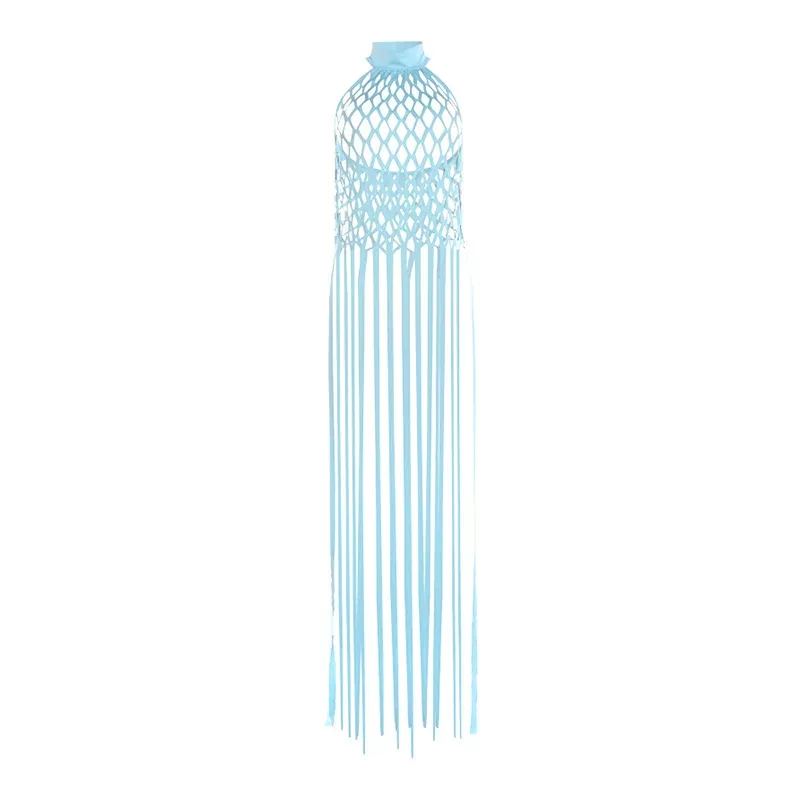 Womens Sheer Mesh Tank Top Halter Neckline Fringe Detail Summer Fashion