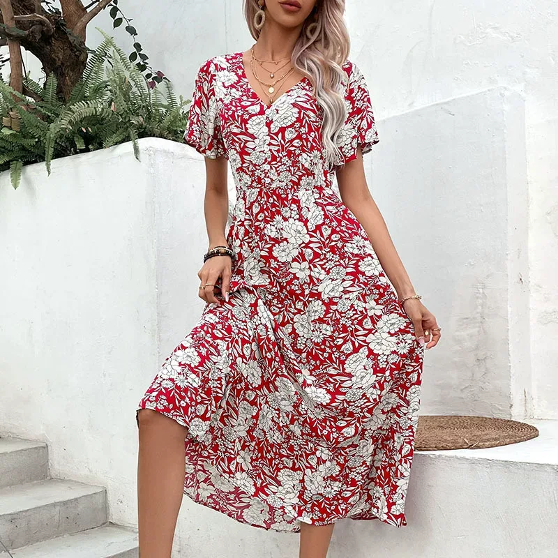 Floral Print V Neck Dress for Women Summer Casual Style Lightweight Fabric Available in Red Wholesale Options