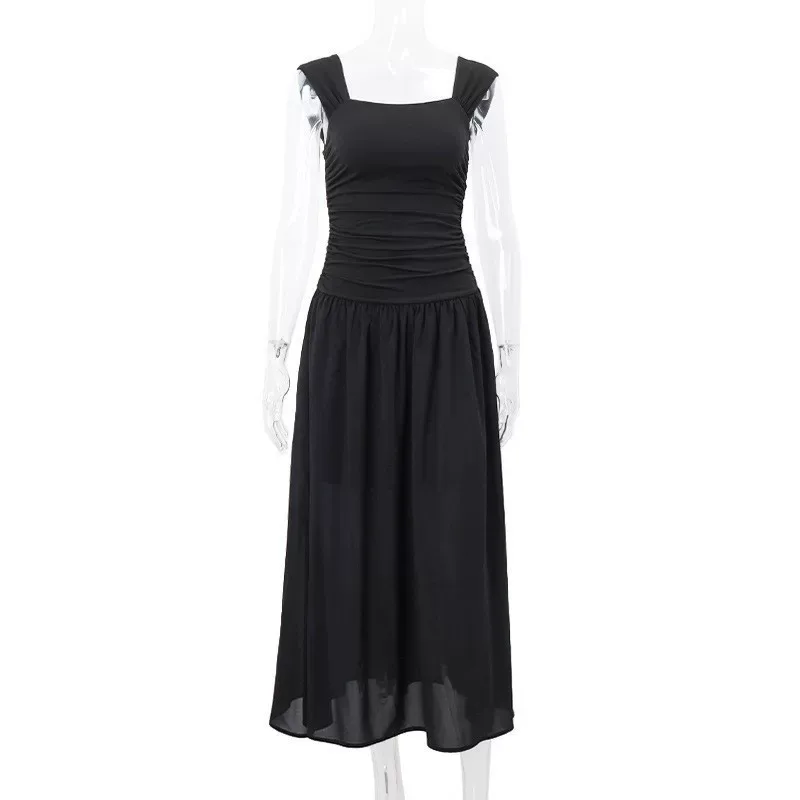 Fashionable Womens Fall Winter Dress Square Neck Ruffled Hem Waist Defining Sheer Fabric Perfect