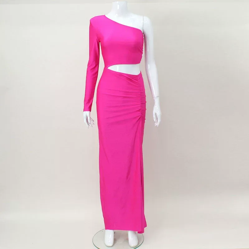 Off Shoulder Long Sleeve Hollow Out Bodycon Dress High Waist Solid Color Sexy Style Evening Part