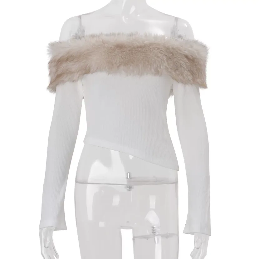 Womens Winter Top Sexy Off Shoulder Design Irregular Long Sleeve with Fur Collar Slim Fit Perfec