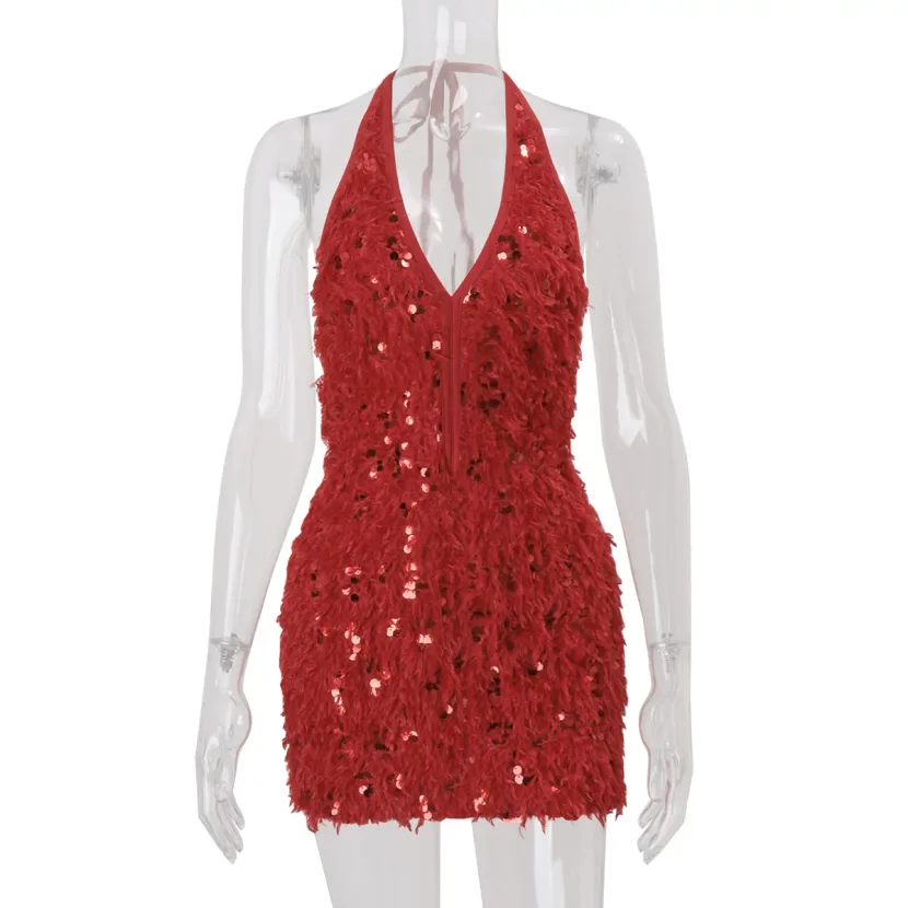 Elegant Sequin Bodycon Dress Sexy V Neck Backless Halter Style Spring Summer Cocktail or Party W