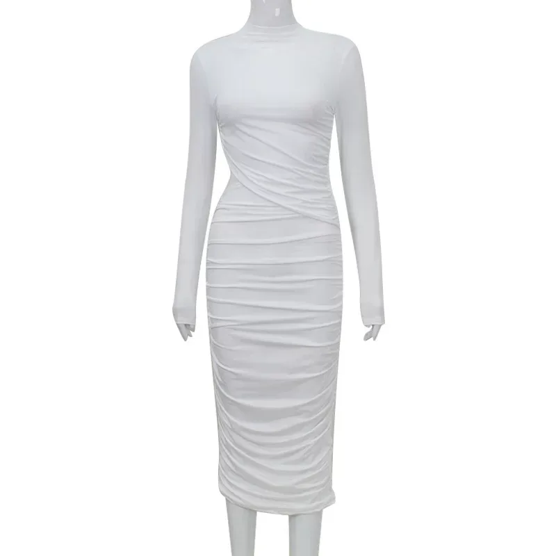 Elegant Bodycon Dress Long Sleeve Hollow Out Ruffled Design Solid Color Spring Fall Occasion Who