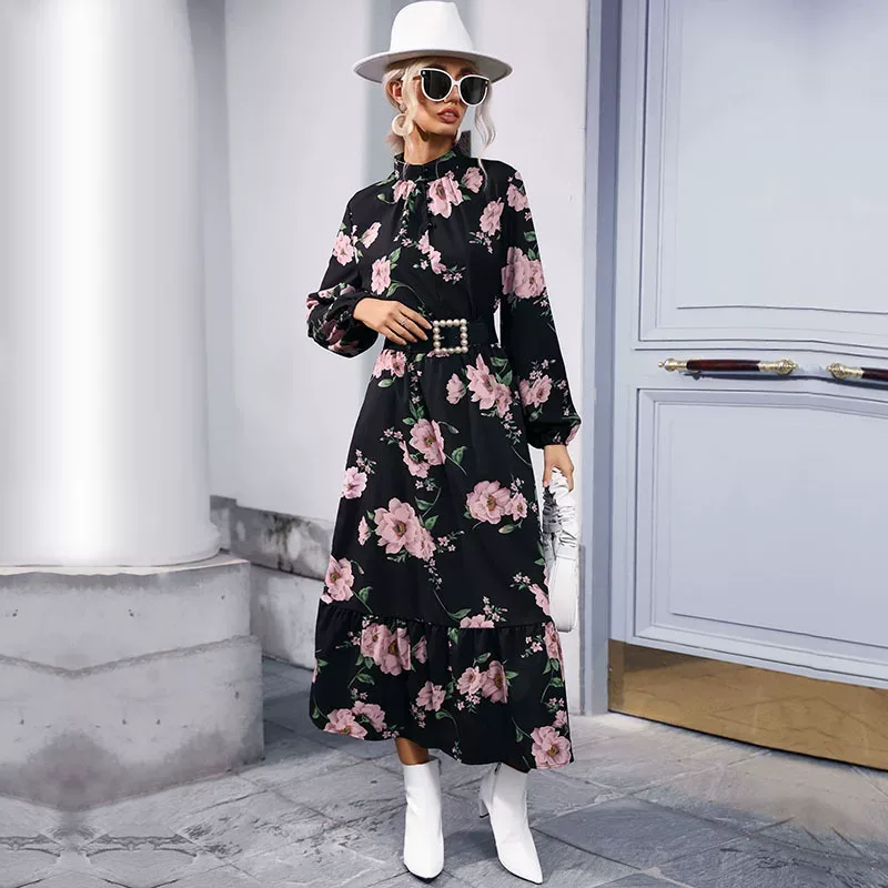 Printed Long Sleeve Maxi Dress High Neck Fashionable Design Autumn Winter Style Wholesale Availa