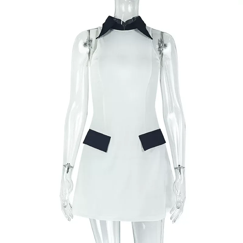 A Line Dress High Neck Color Block Design Waist Defining Casual Chic for Spring and Summer OEM A