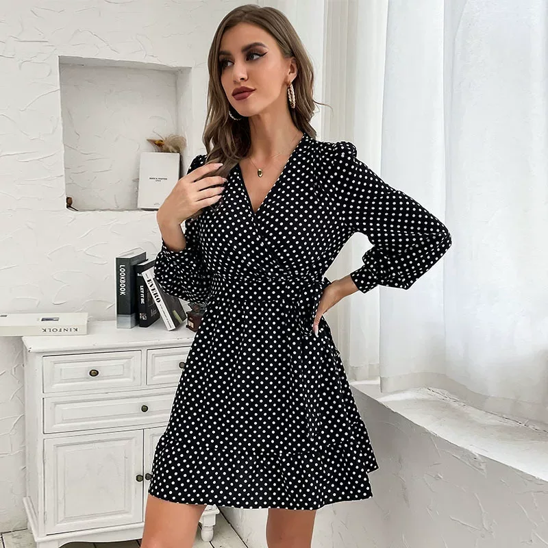 Black Polka Dot Long Sleeve V Neck Dress for Women Casual Elegant Style Available in S to XL Wholesale Ready to Ship