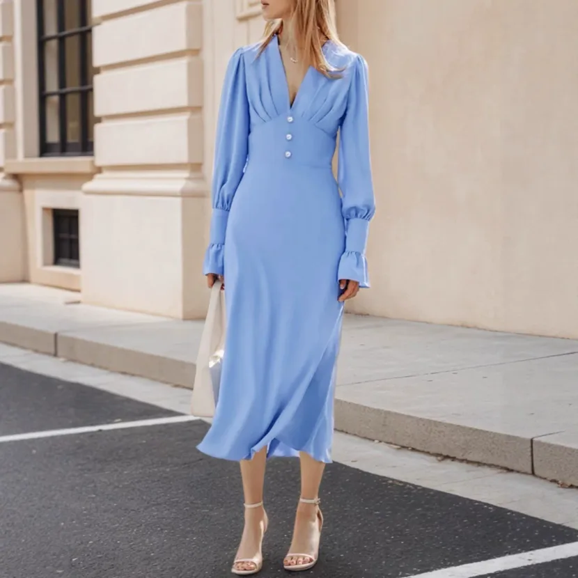 Elegant A Line Dress Deep V Neck Button Detail Waist Cinching Lantern Sleeves Perfect for Office